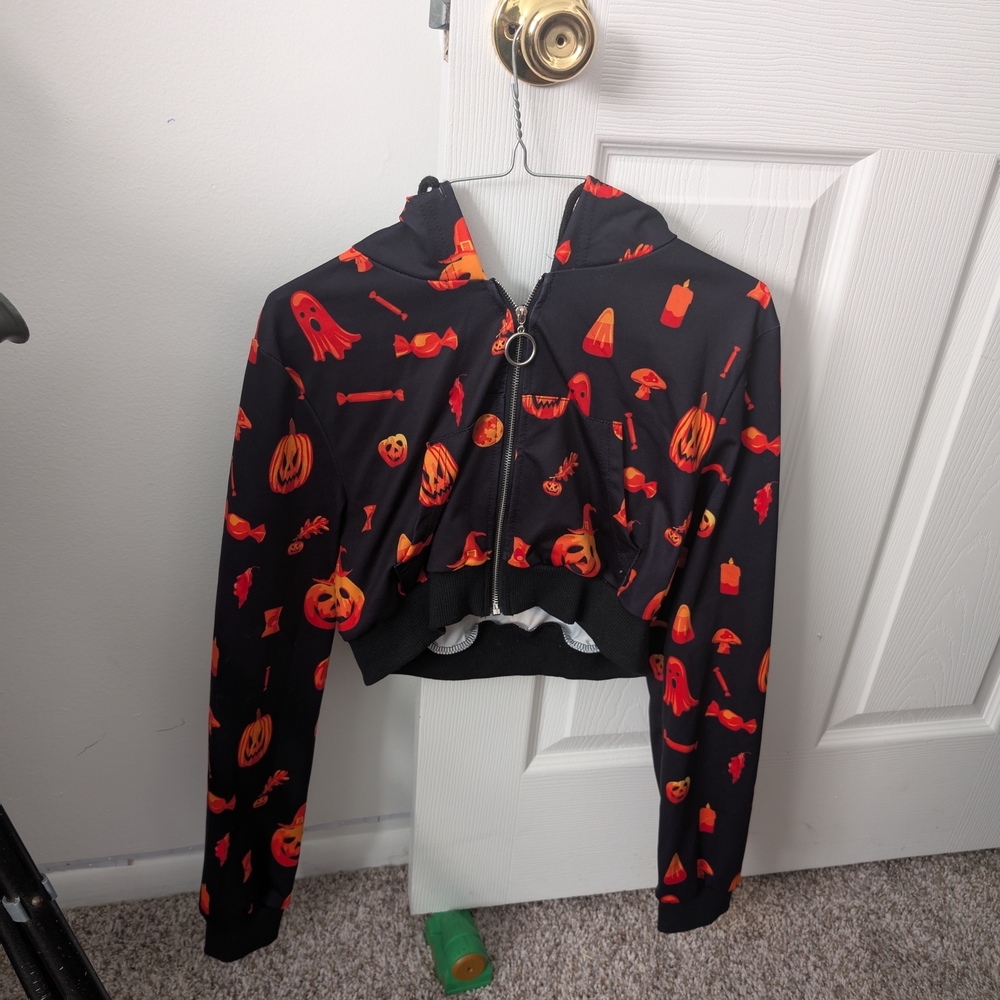 Halloween Themed Black and Orange Cropped Hoodie